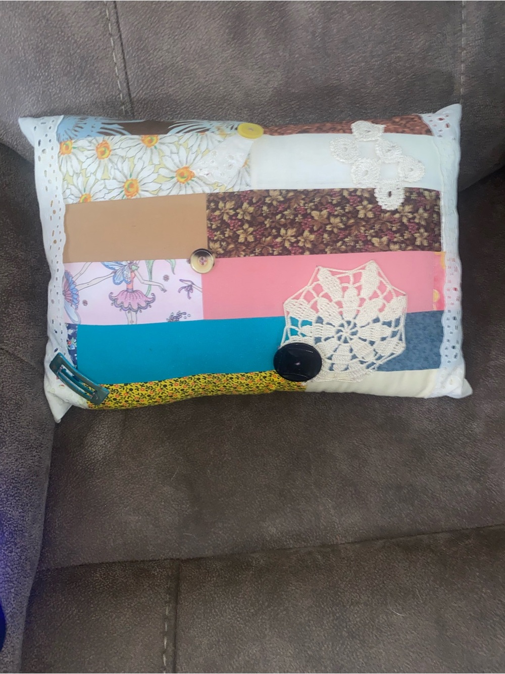 Patchwork Decorative Throw Pillow in Pink, Blue, Teal and Cream